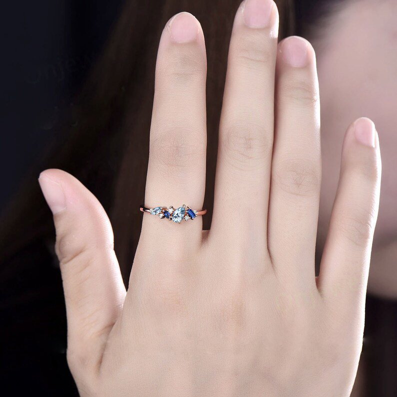 Cluster Aquamarine Pear Cut and Sapphire Baguette Cut Ring