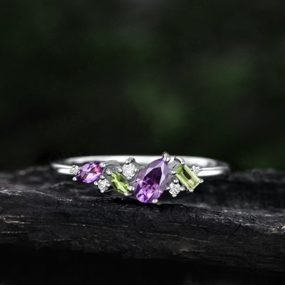 Cluster Amethyst Pear Cut and Peridot Baguette Cut Ring