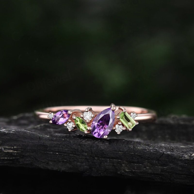 Cluster Amethyst Pear Cut and Peridot Baguette Cut Ring