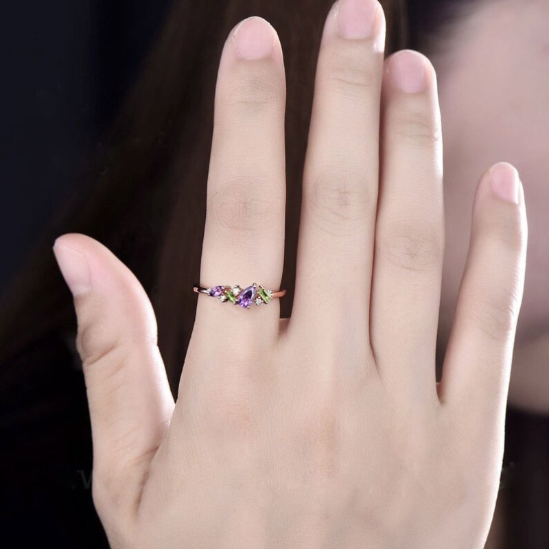 Cluster Amethyst Pear Cut and Peridot Baguette Cut Ring