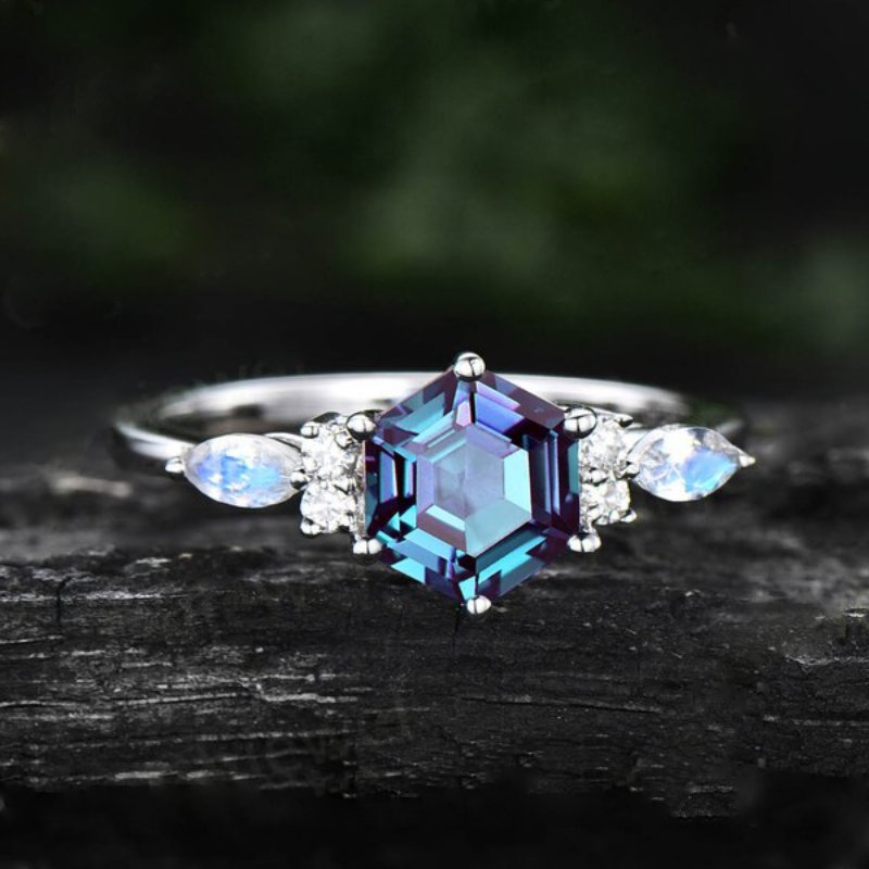 Hexagon Cut Alexandrite with Marquise Cut Moonstone Engagement Ring