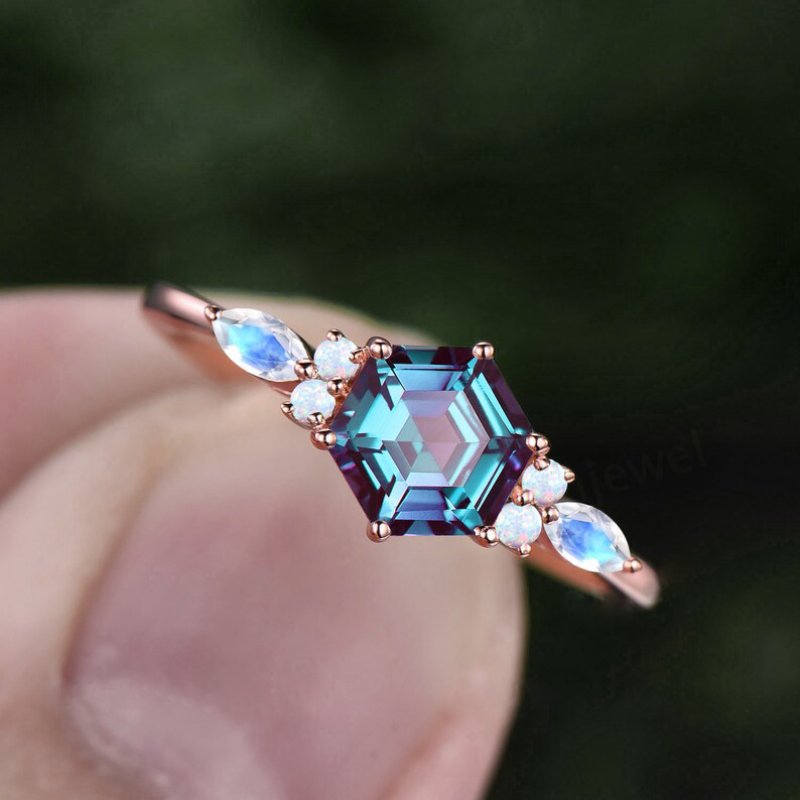 Hexagon Cut Alexandrite with Marquise Cut Moonstone Engagement Ring