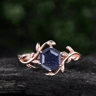 Hexagon Cut Blue Sandstone Engagement Ring in Rose Gold