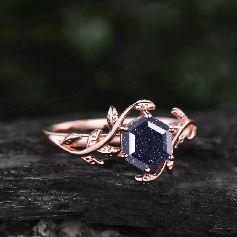 Hexagon Cut Blue Sandstone Engagement Ring in Rose Gold