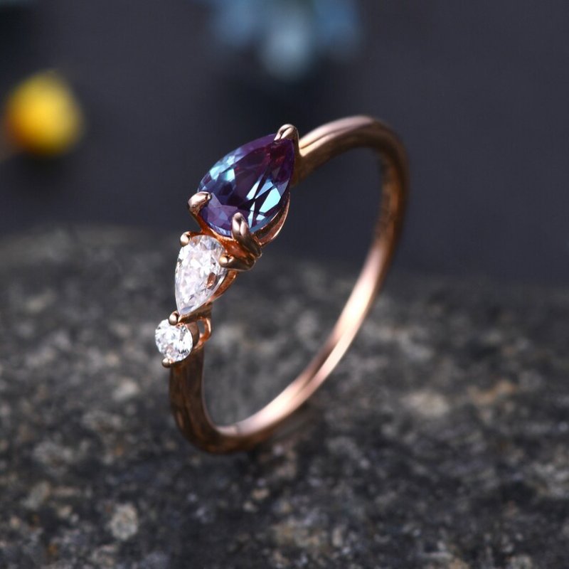 Vintage Pear Cut Alexandrite Three Stones Engagement Ring