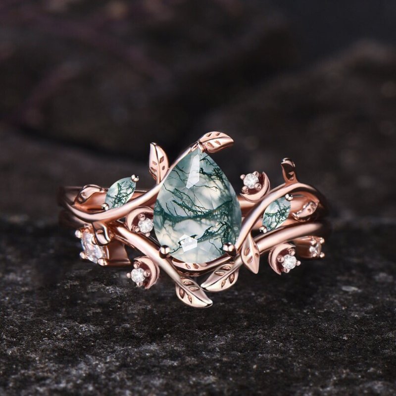 Pear Cut Green Moss Agate Leaf Vine Engagement Ring Set