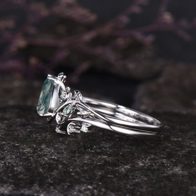 Pear Cut Green Moss Agate Leaf Vine Engagement Ring Set