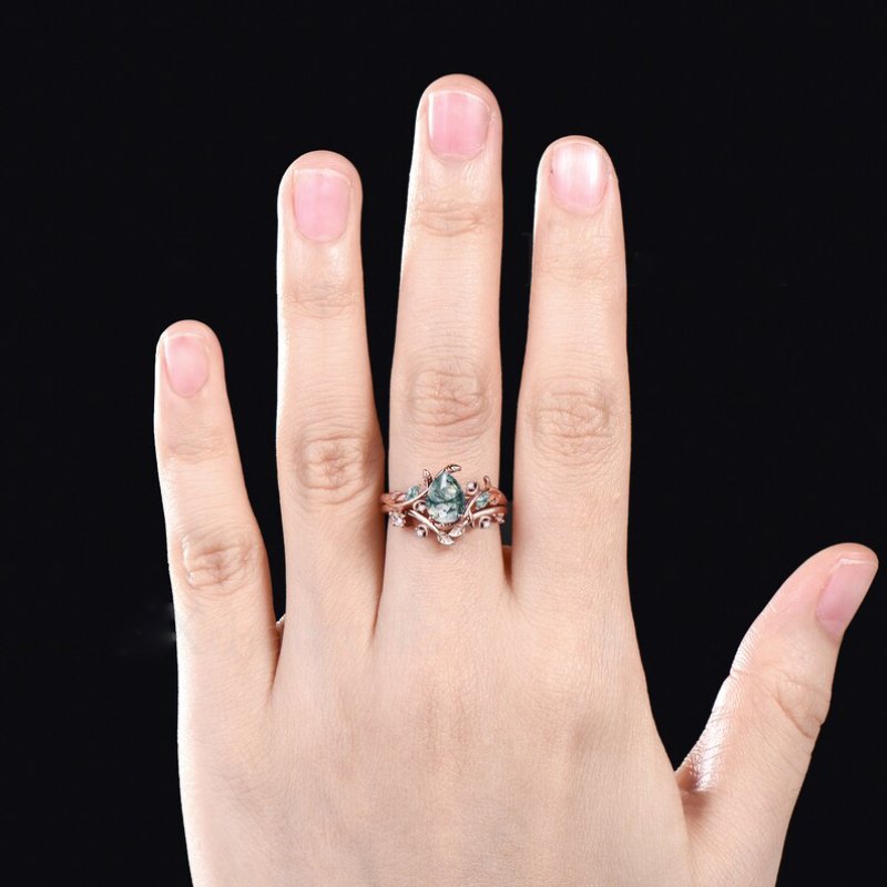 Pear Cut Green Moss Agate Leaf Vine Engagement Ring Set