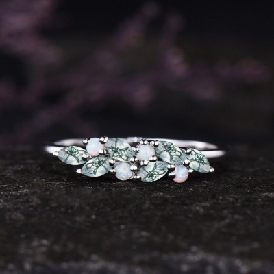 Marquise Cut Green Moss Agate with Opal Cluster Wedding Band