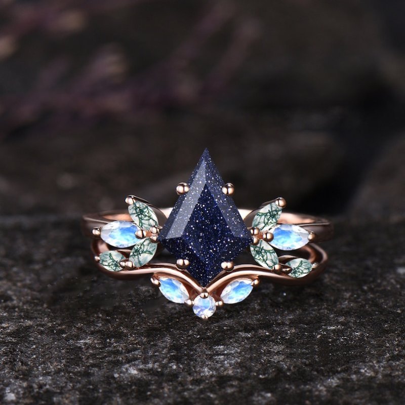 Kite Cut Blue Sandstone with Moss Agate Cluster Engagement Ring Set