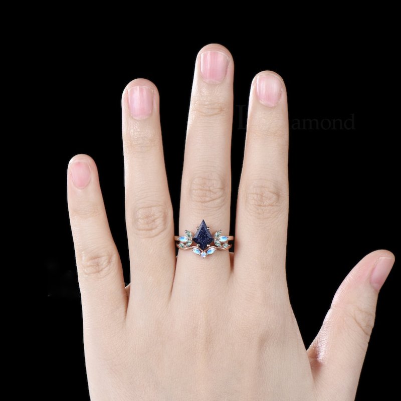 Kite Cut Blue Sandstone with Moss Agate Cluster Engagement Ring Set