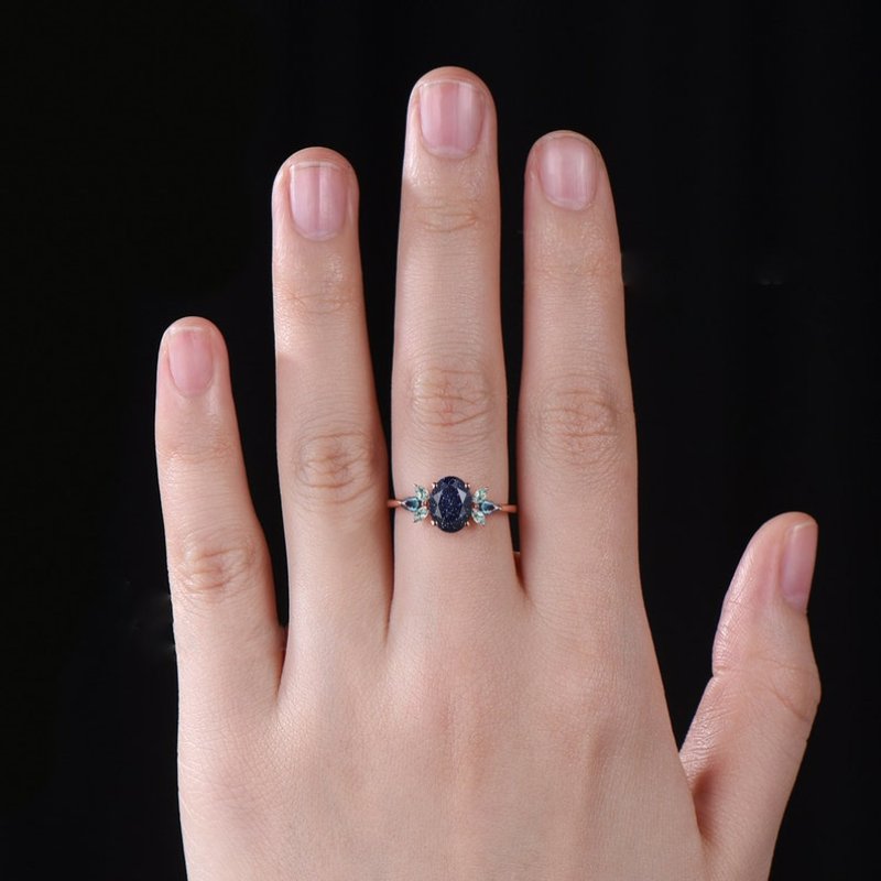 Blue Sandstone with Moss Agate and Alexandrite Engagement Ring