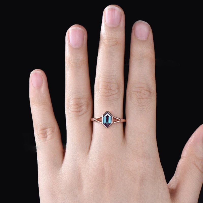 Long Hexagon Cut Alexandrite Engagement Ring