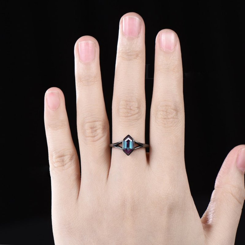 Long Hexagon Cut Alexandrite Engagement Ring