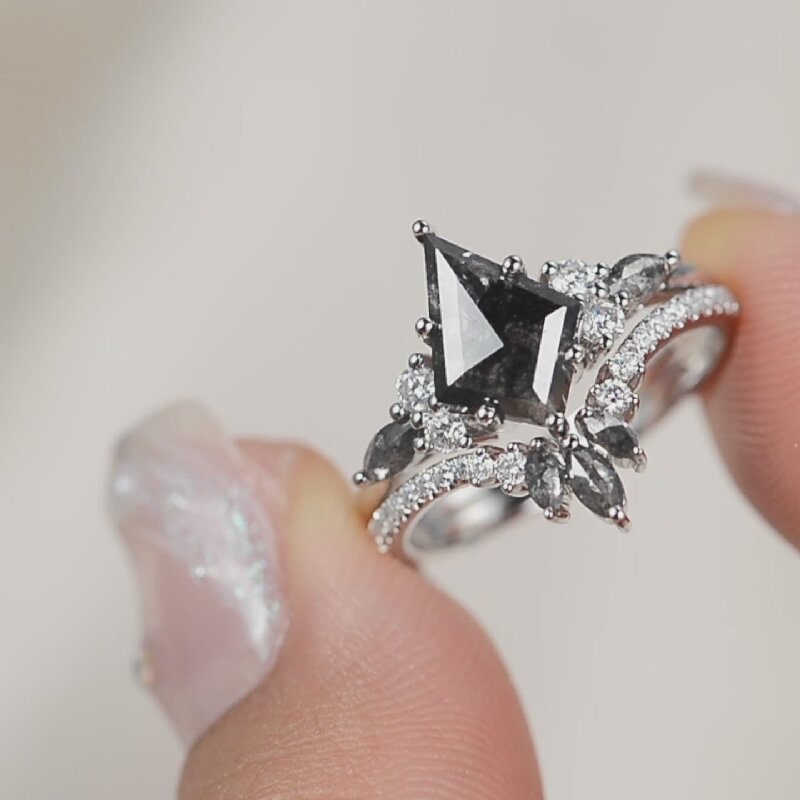 Kite Cut Salt and Pepper Diamond Cluster Engagement Ring Set