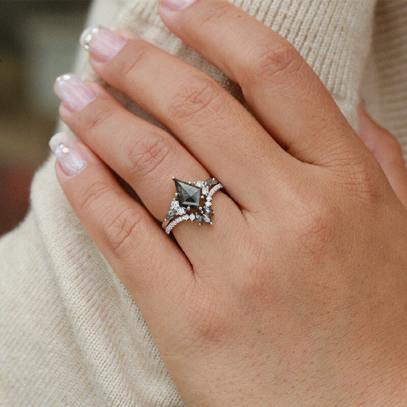 Kite Cut Salt and Pepper Diamond Cluster Engagement Ring Set