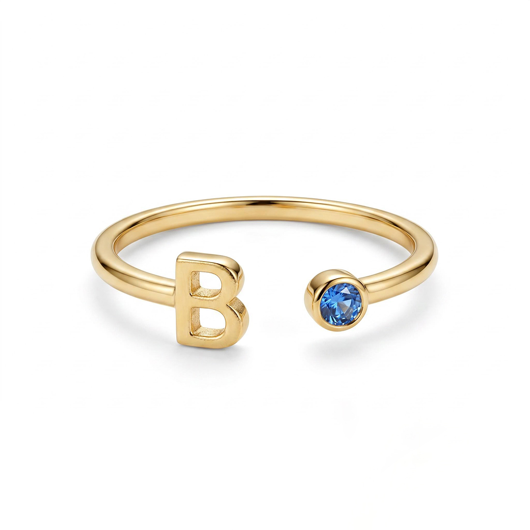 Initial & Birthstone Open Ring