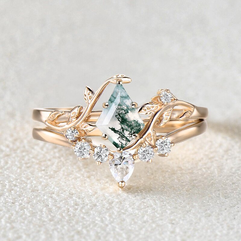 Kite Cut Leaf Vine Engagement Ring Set