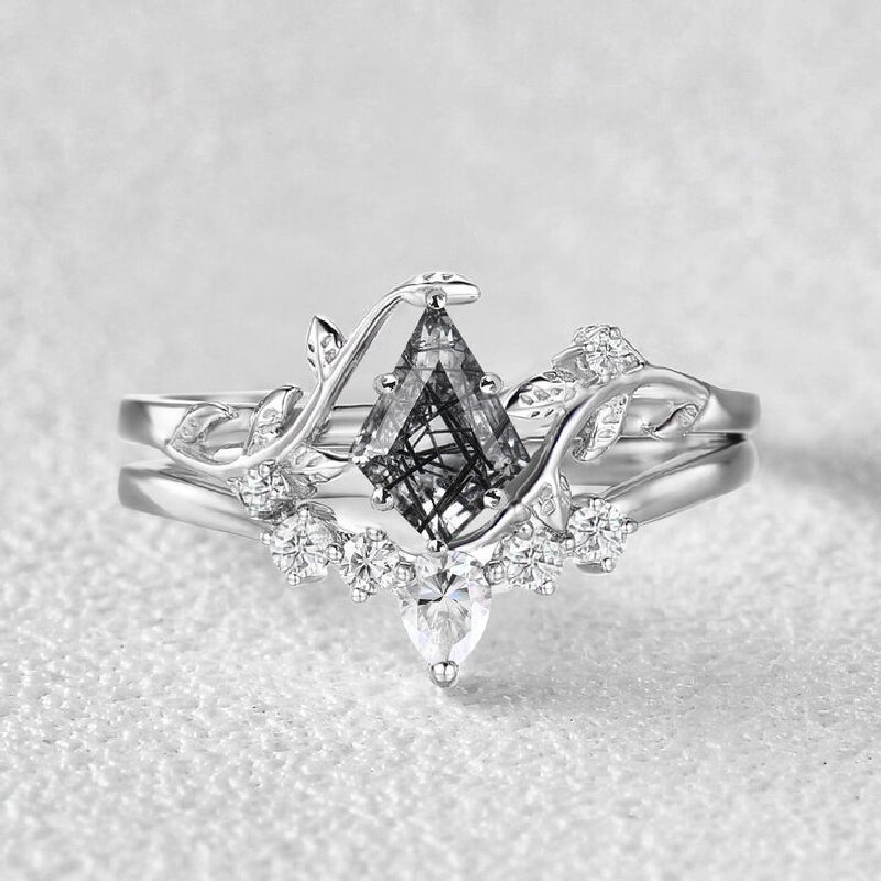 Kite Cut Leaf Vine Engagement Ring Set