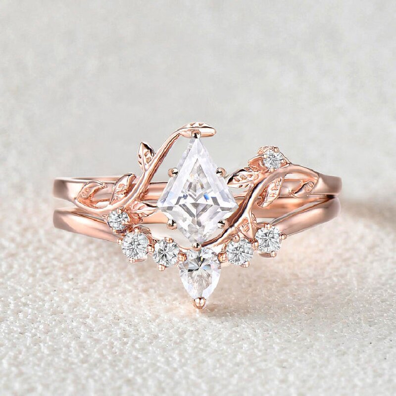 Kite Cut Leaf Vine Engagement Ring Set