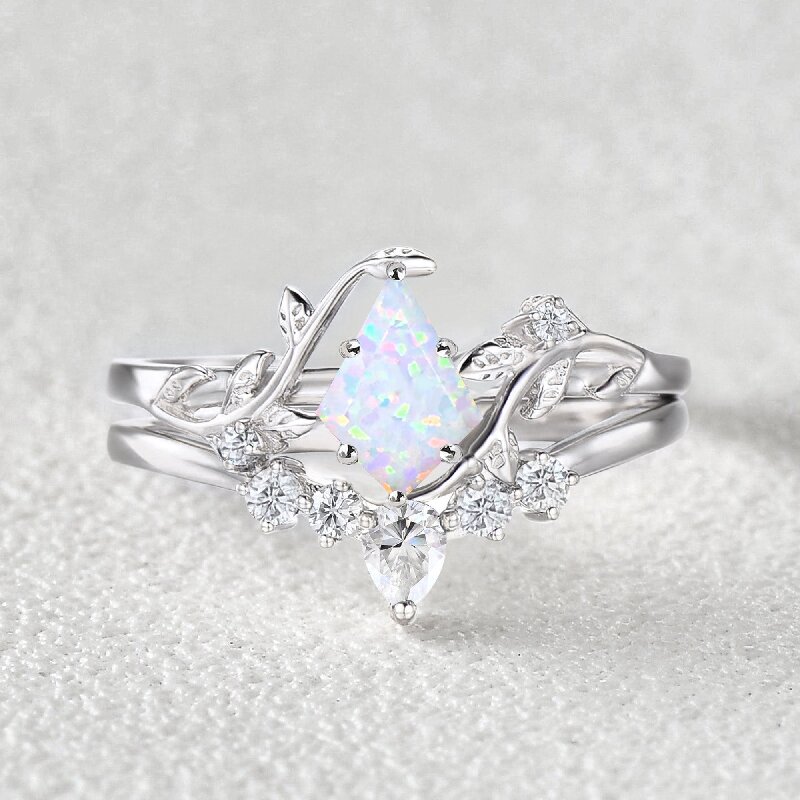 Kite Cut Leaf Vine Engagement Ring Set