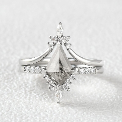 Kite Cut Salt and Pepper Diamonds Crown Wedding Ring Set