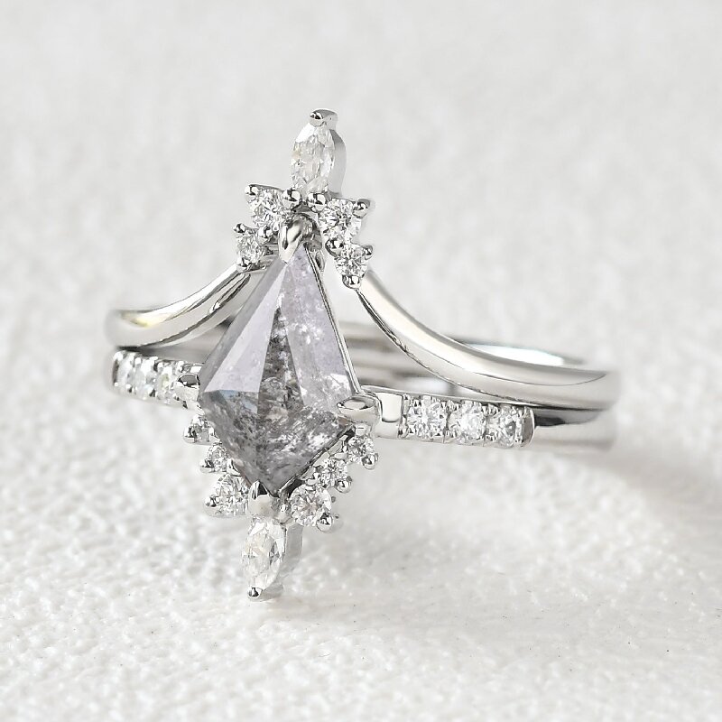 Kite Cut Salt and Pepper Diamonds Crown Wedding Ring Set