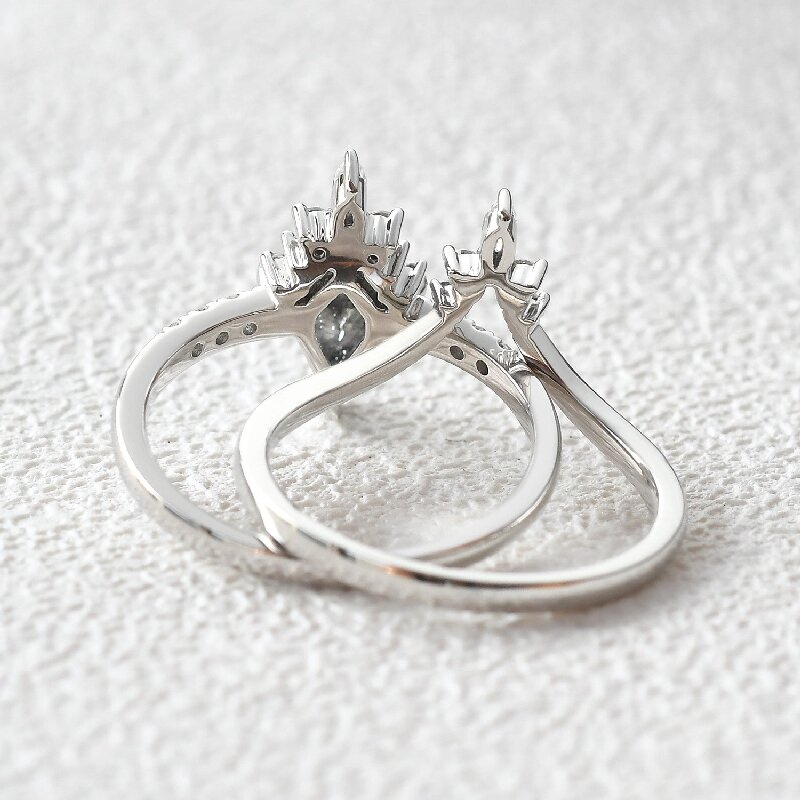 Kite Cut Salt and Pepper Diamonds Crown Wedding Ring Set