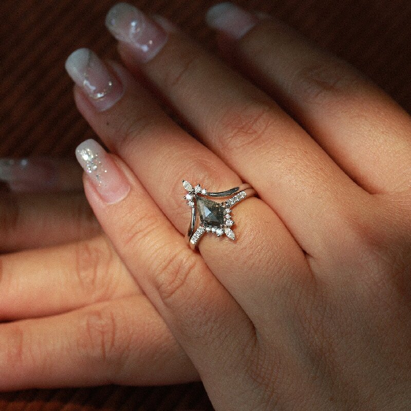 Kite Cut Salt and Pepper Diamonds Crown Wedding Ring Set