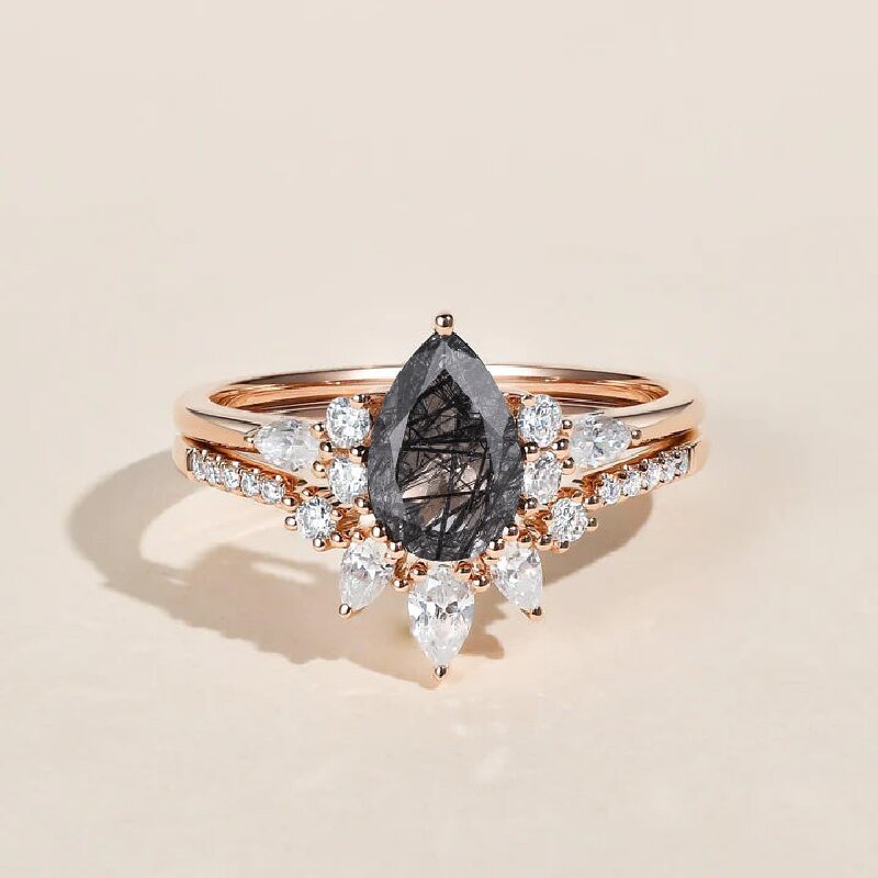 Pear Cut Black Rutilated Quartz Wedding Ring Set