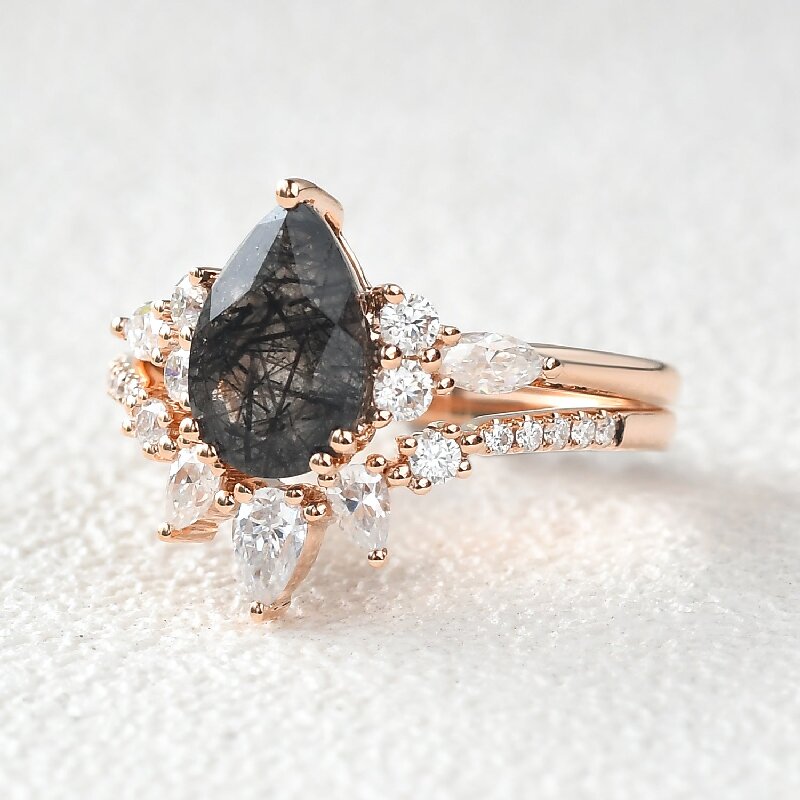 Pear Cut Black Rutilated Quartz Wedding Ring Set