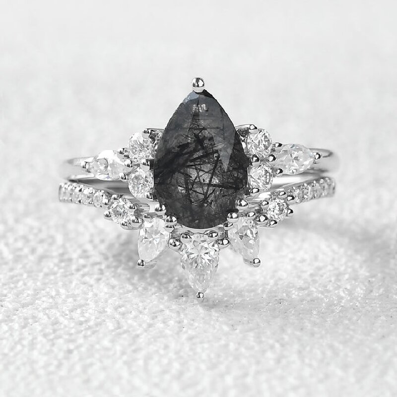 Pear Cut Black Rutilated Quartz Wedding Ring Set
