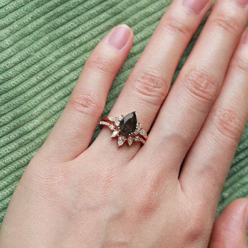Pear Cut Black Rutilated Quartz Wedding Ring Set