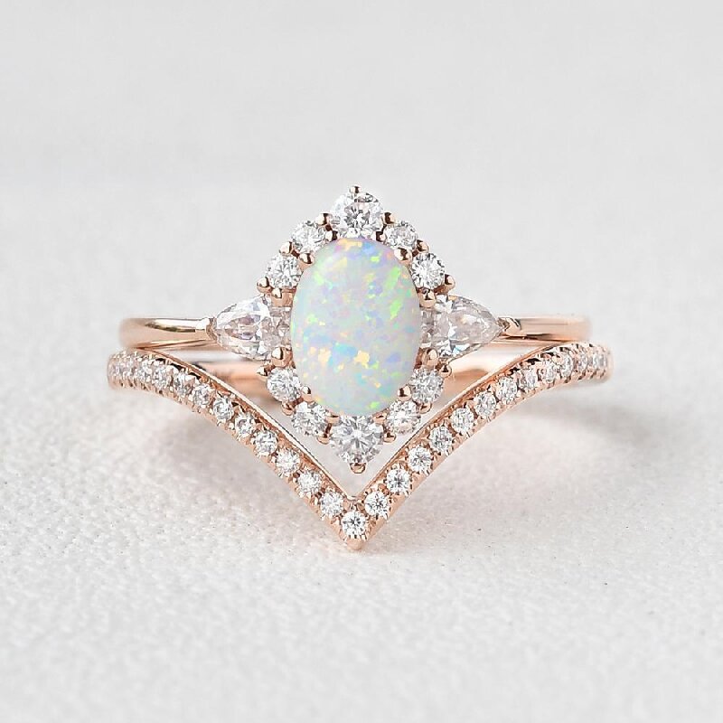 Oval Cut Opal Halo Bridal Ring Set