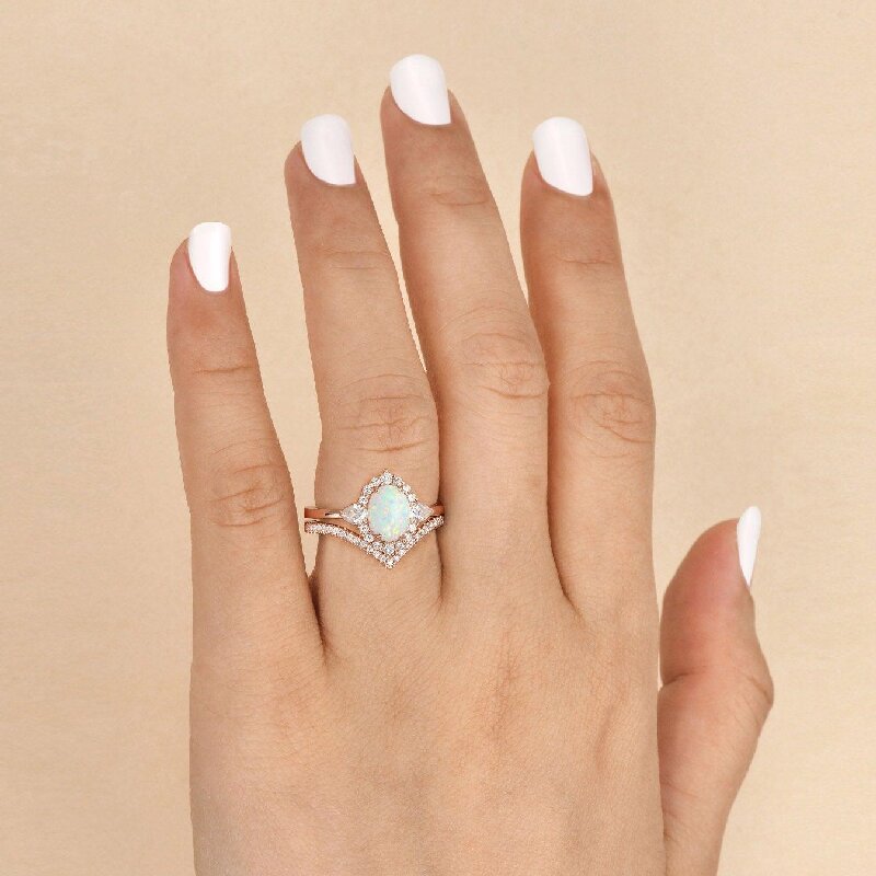 Oval Cut Opal Halo Bridal Ring Set