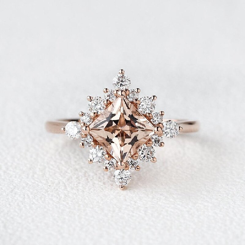 Princess Cut Morganite Cluster Engagement Ring