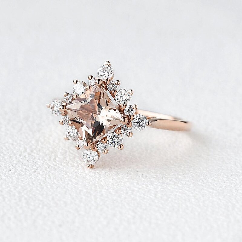 Princess Cut Morganite Cluster Engagement Ring