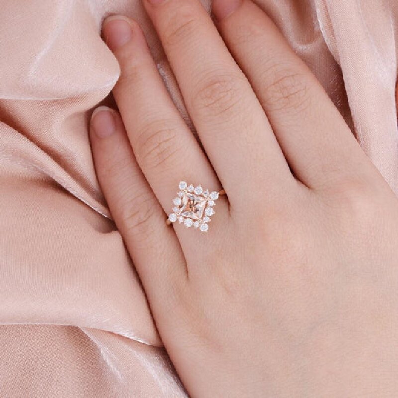 Princess Cut Morganite Cluster Engagement Ring