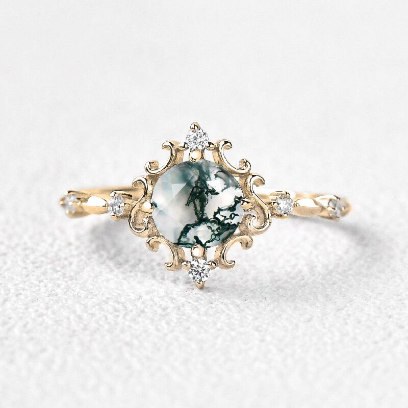 Vintage Round Cut Moss Agate Engagement Ring