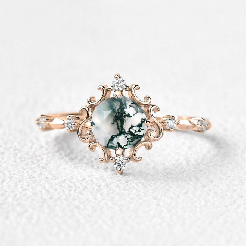 Vintage Round Cut Moss Agate Engagement Ring