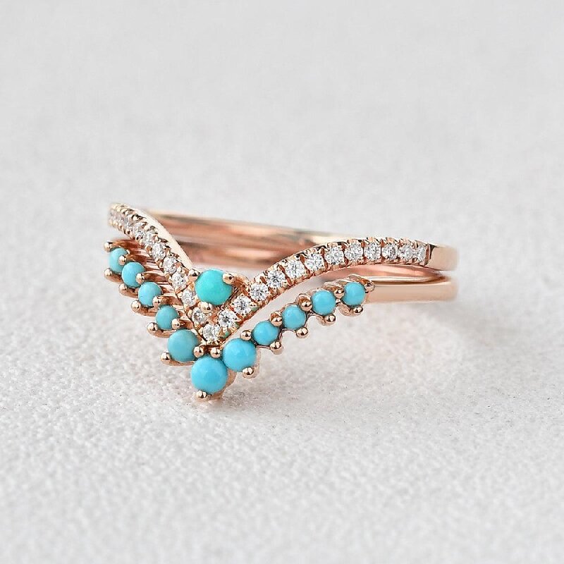 Double Curved Turquoise Wedding Band Set in Rose Gold