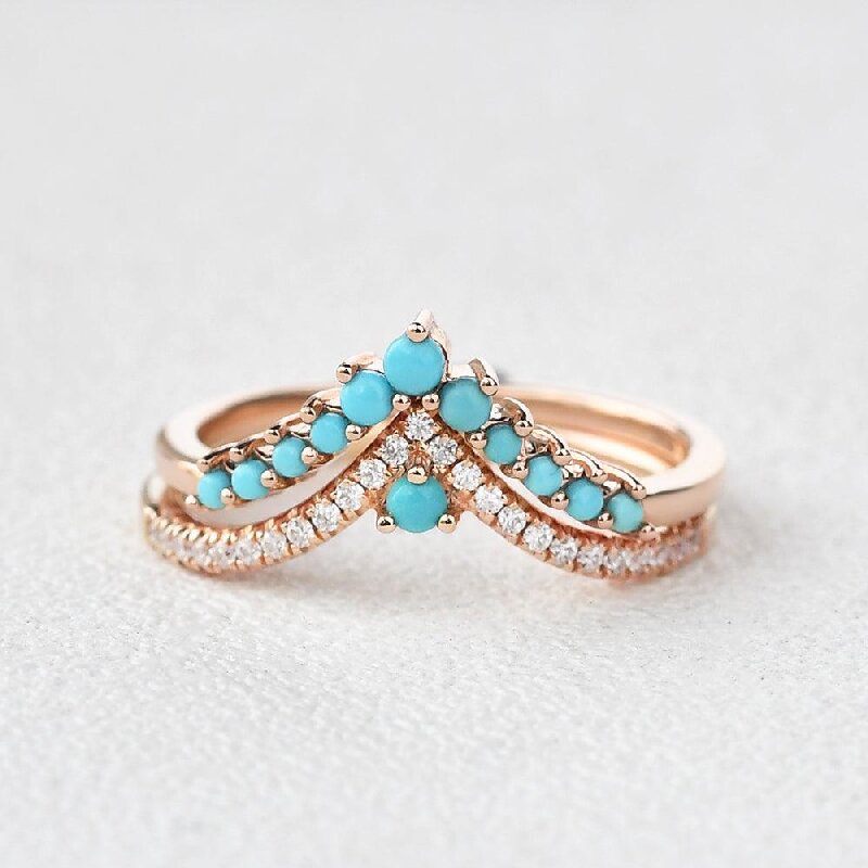 Double Curved Turquoise Wedding Band Set in Rose Gold
