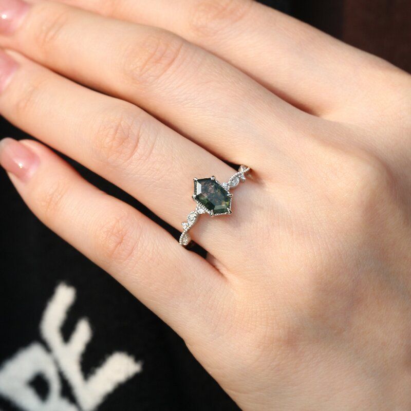 Long Hexagon Cut Moss Agate Beaded Engagement Ring