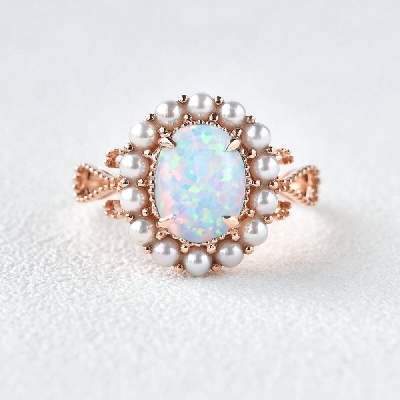Oval Cut Opal with Pearls Halo Engagement Ring