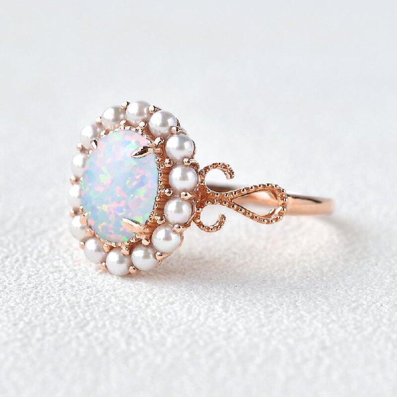 Oval Cut Opal with Pearls Halo Engagement Ring