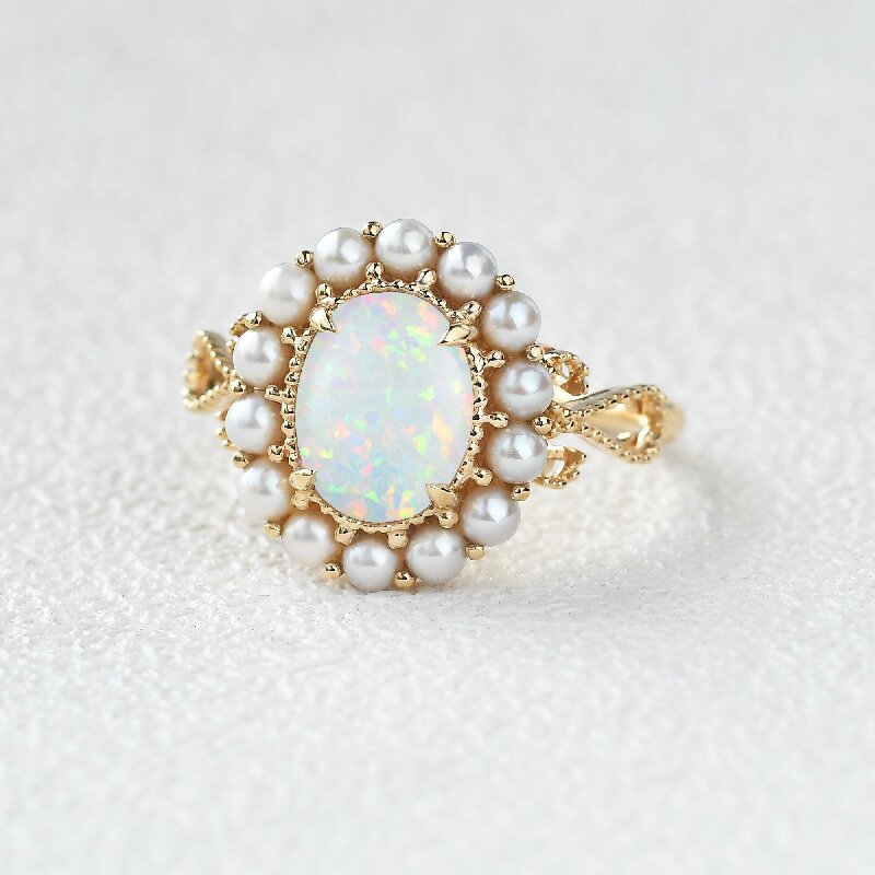 Oval Cut Opal with Pearls Halo Engagement Ring