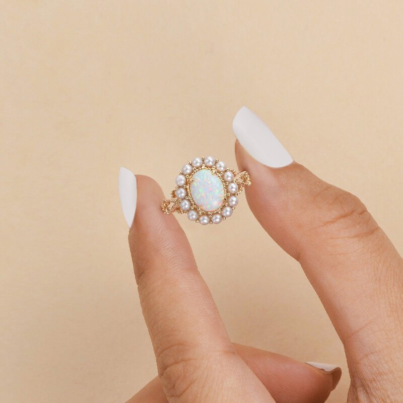 Oval Cut Opal with Pearls Halo Engagement Ring