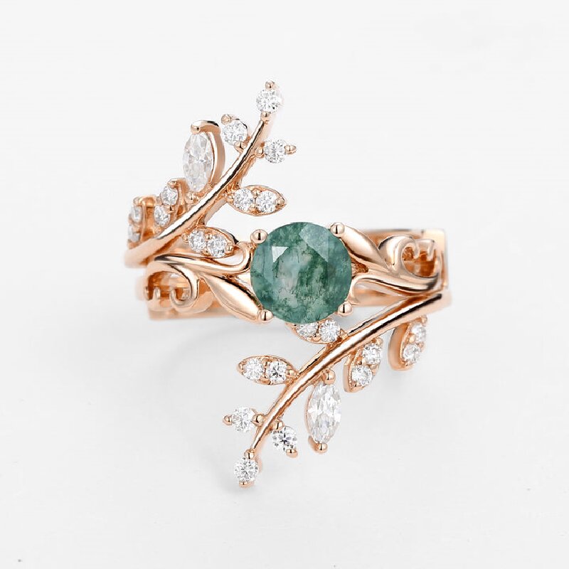 Round Cut  Moss Agate Vine Engagement Ring Set-2Pcs