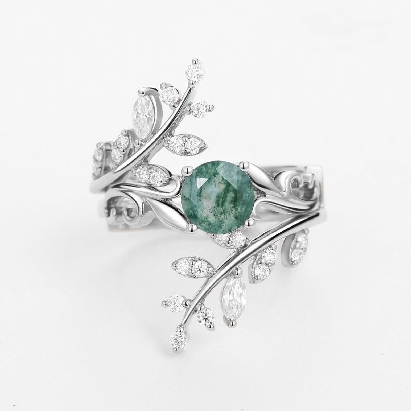 Round Cut  Moss Agate Vine Engagement Ring Set-2Pcs