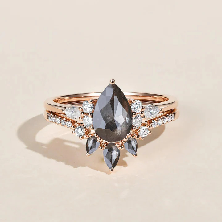 Pear Cut Salt and Pepper Diamonds Engagement Ring Set